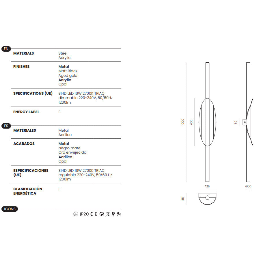 Xago Wall Lamp dimensions and technical details