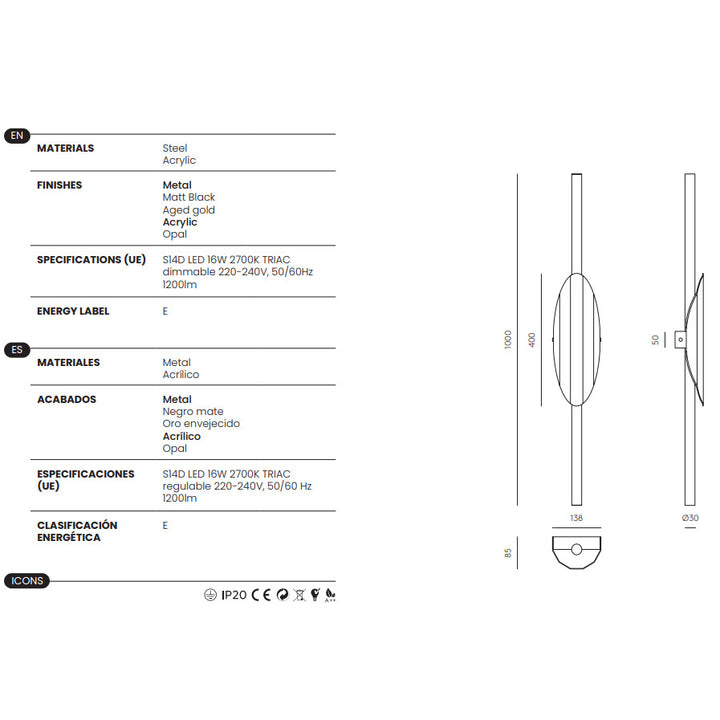 Xago Wall Lamp dimensions and technical details