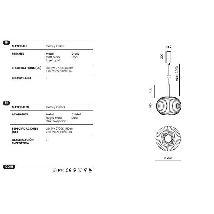 Irzo Pendant Lamp dimensions and technical details