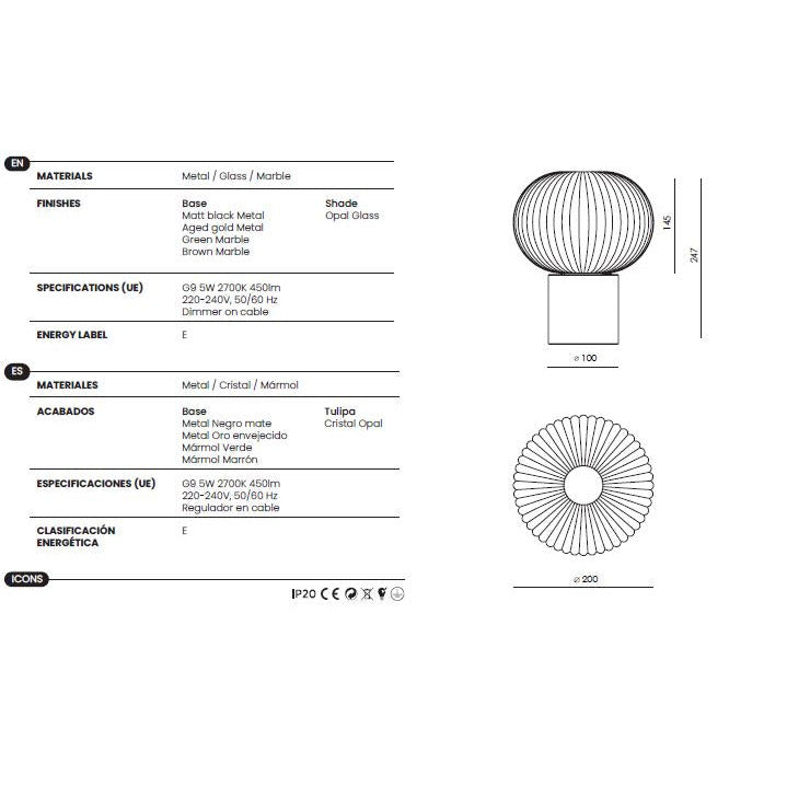 Irzo Table Lamp dimensions and technical details