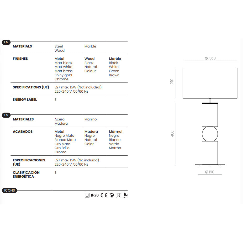 Alda Table Lamp dimensions and technical details