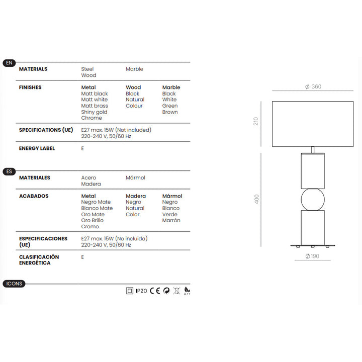 Alda Table Lamp dimensions and technical details