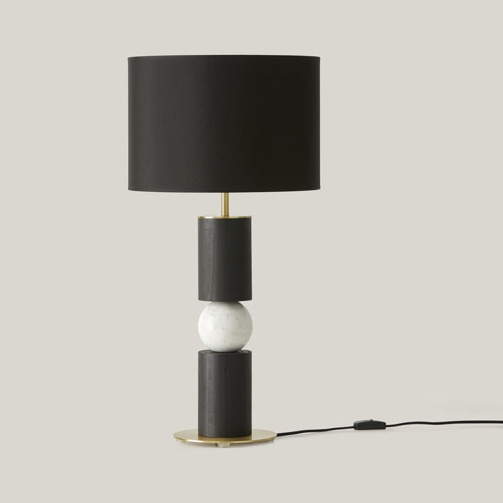 Alda Table Lamp with black wood columns, white marble sphere, brass base and black shade, by Aromas del Campo