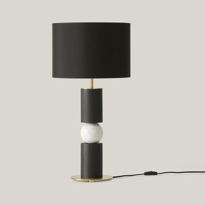 Alda Table Lamp with black wood columns, white marble sphere, brass base and black shade, by Aromas del Campo