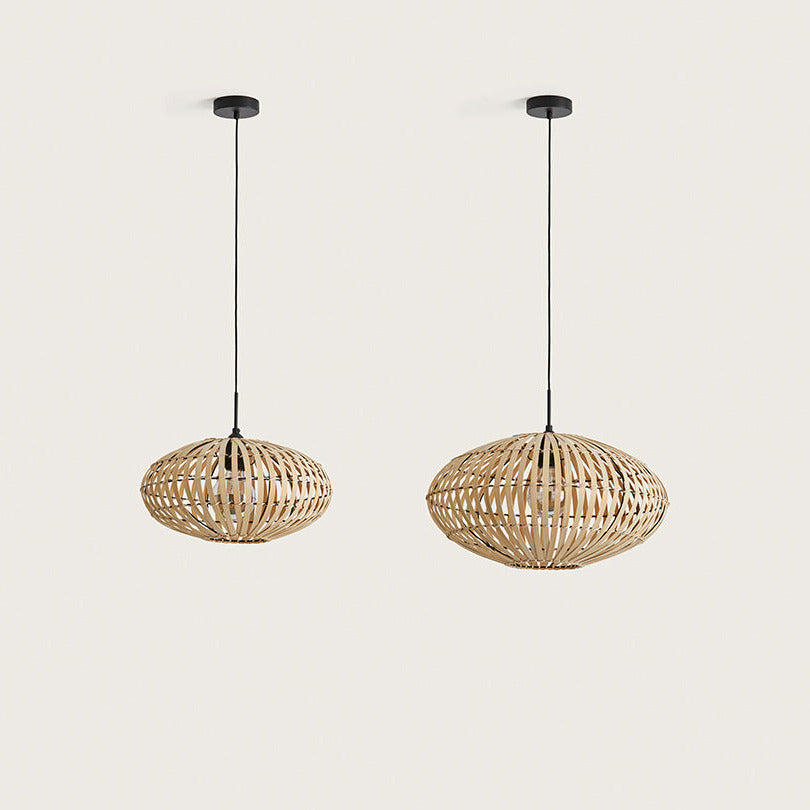 Anya Pendant Lamp in two sizes, slatted natural bamboo oval shades on black cords, by Aromas del Campo