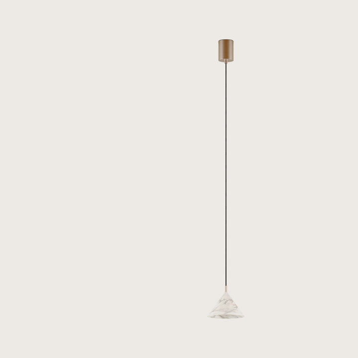 Anza Pendant Lamp, small white marble cone on a long black cord with aged gold canopy, by Aromas del Campo