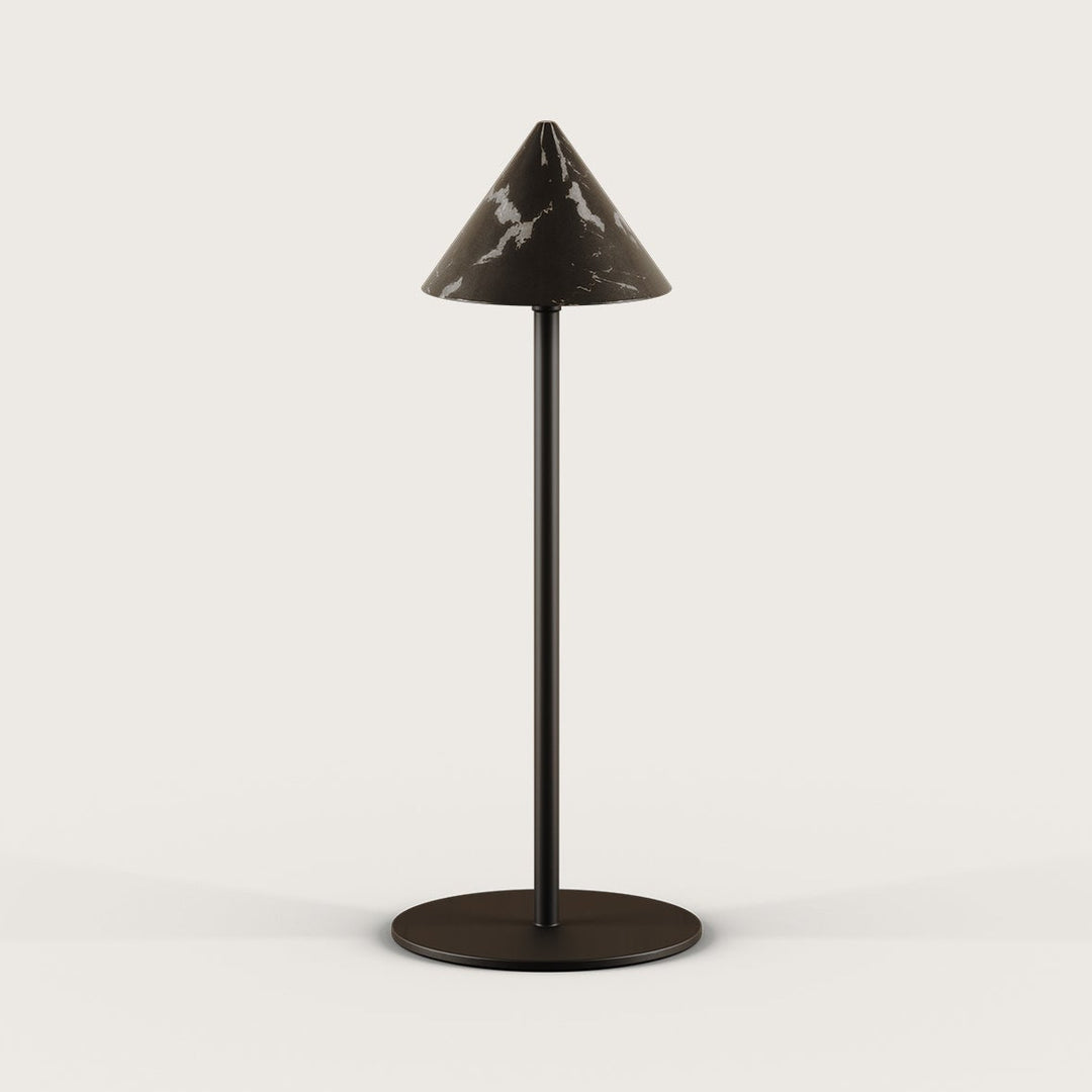 Anza Table Lamp with black marble cone shade on a slim matt black stem and round base, by Aromas del Campo