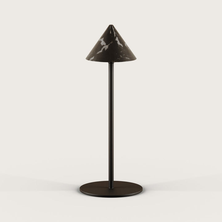 Anza Table Lamp with black marble cone shade on a slim matt black stem and round base, by Aromas del Campo