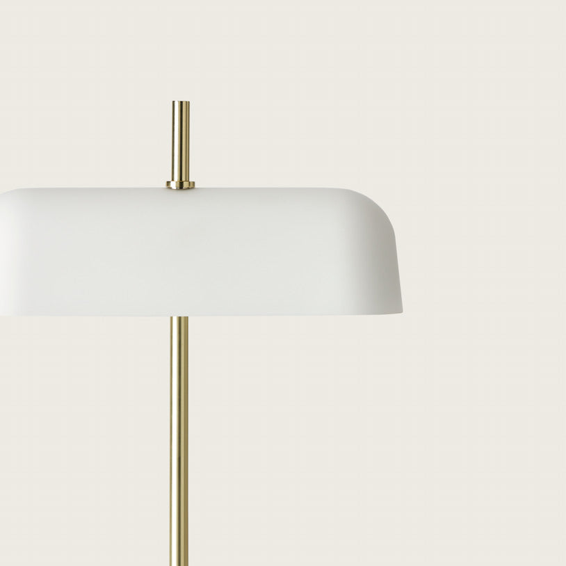Atil Table Lamp close-up of the white shade and matt brass stem