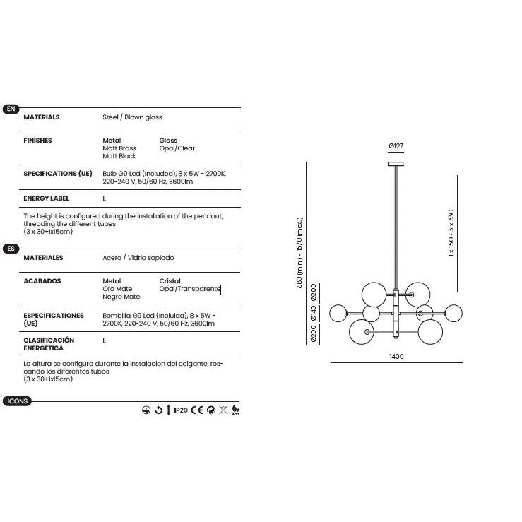 Atom Chandelier dimensions and technical details