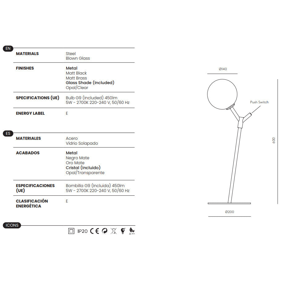 Atom Table Lamp dimensions and technical details