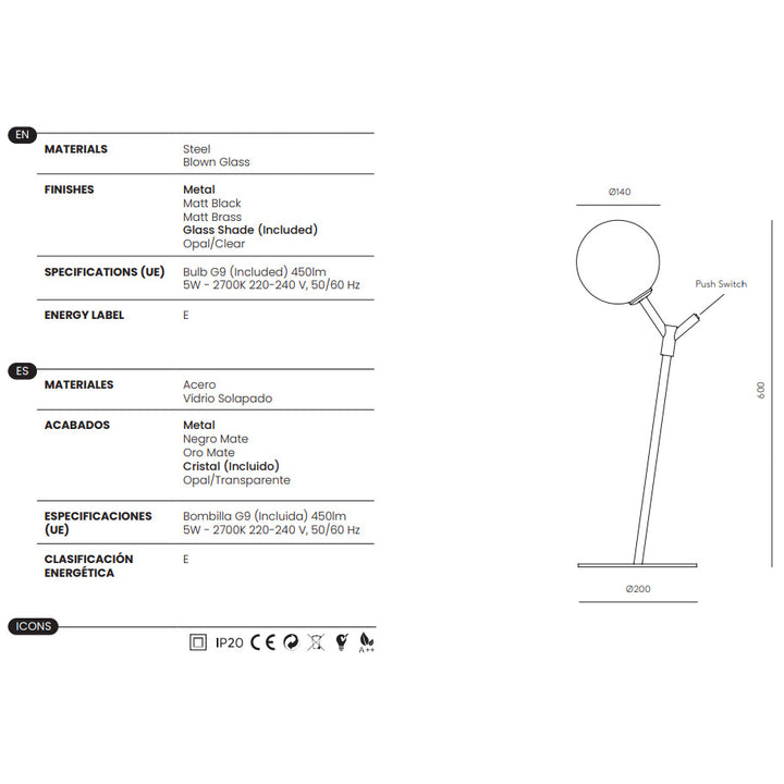 Atom Table Lamp dimensions and technical details