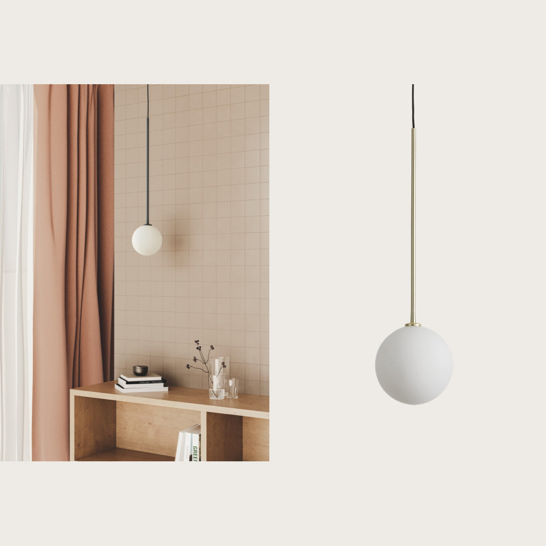 Ball Pendant Lamp hanging above a wooden shelf against pink tiles and terracotta curtains, plus a close-up