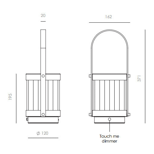 Bally Table Lamp dimensions drawing, front and side views