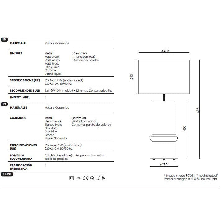 Bambu Table Lamp dimensions and technical details