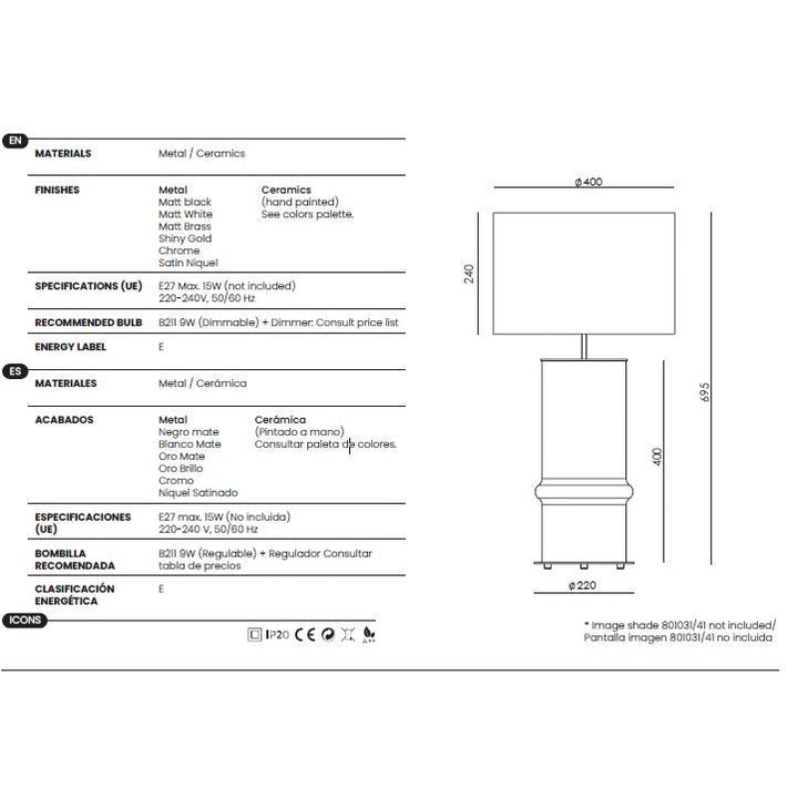 Bambu Table Lamp dimensions and technical details