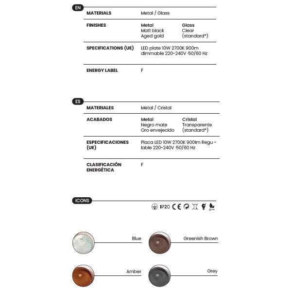 Betty Pendant Lamp dimensions and technical details with glass colour options
