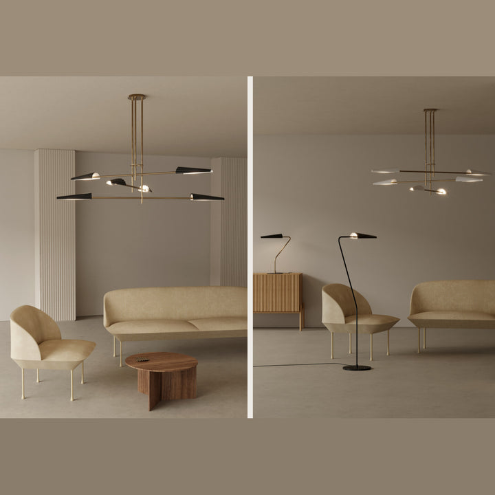 Bion Chandelier in black and in gold over cream sofas in two living room scenes