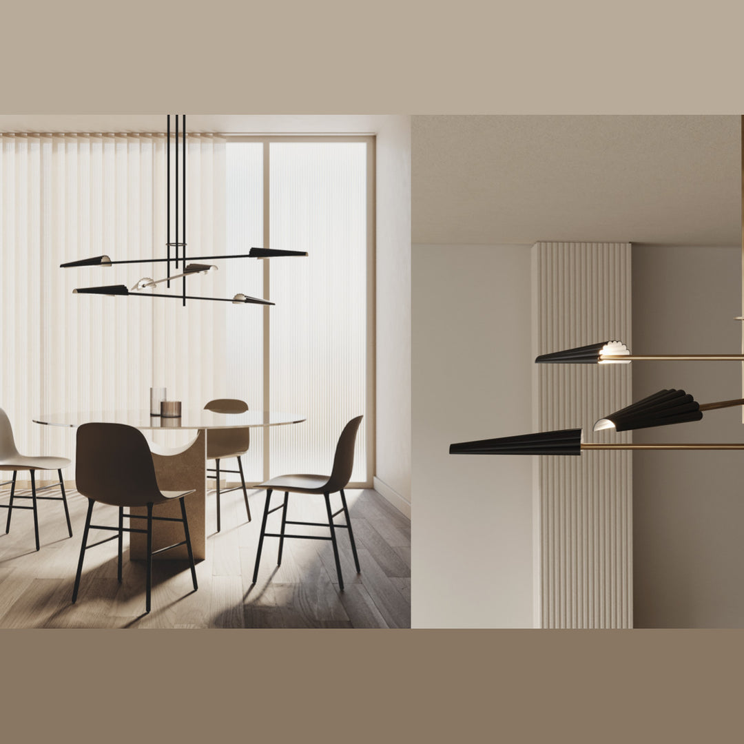Bion Chandelier with black shades above a round dining table, plus a close-up of the pleated shades