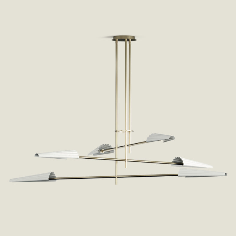 Bion Chandelier in Aged Gold / Matt Black, branching rods with pleated cone shades