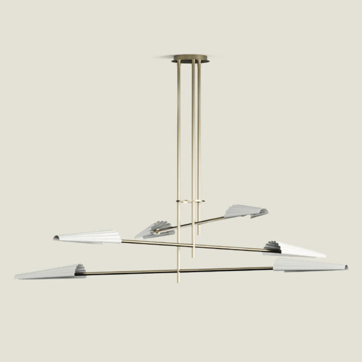 Bion Chandelier in Aged Gold / Matt Black, branching rods with pleated cone shades