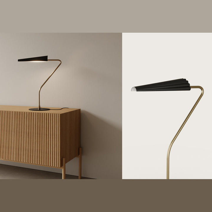 Bion Table Lamp lit on a fluted oak sideboard, with a close-up of the gold stem