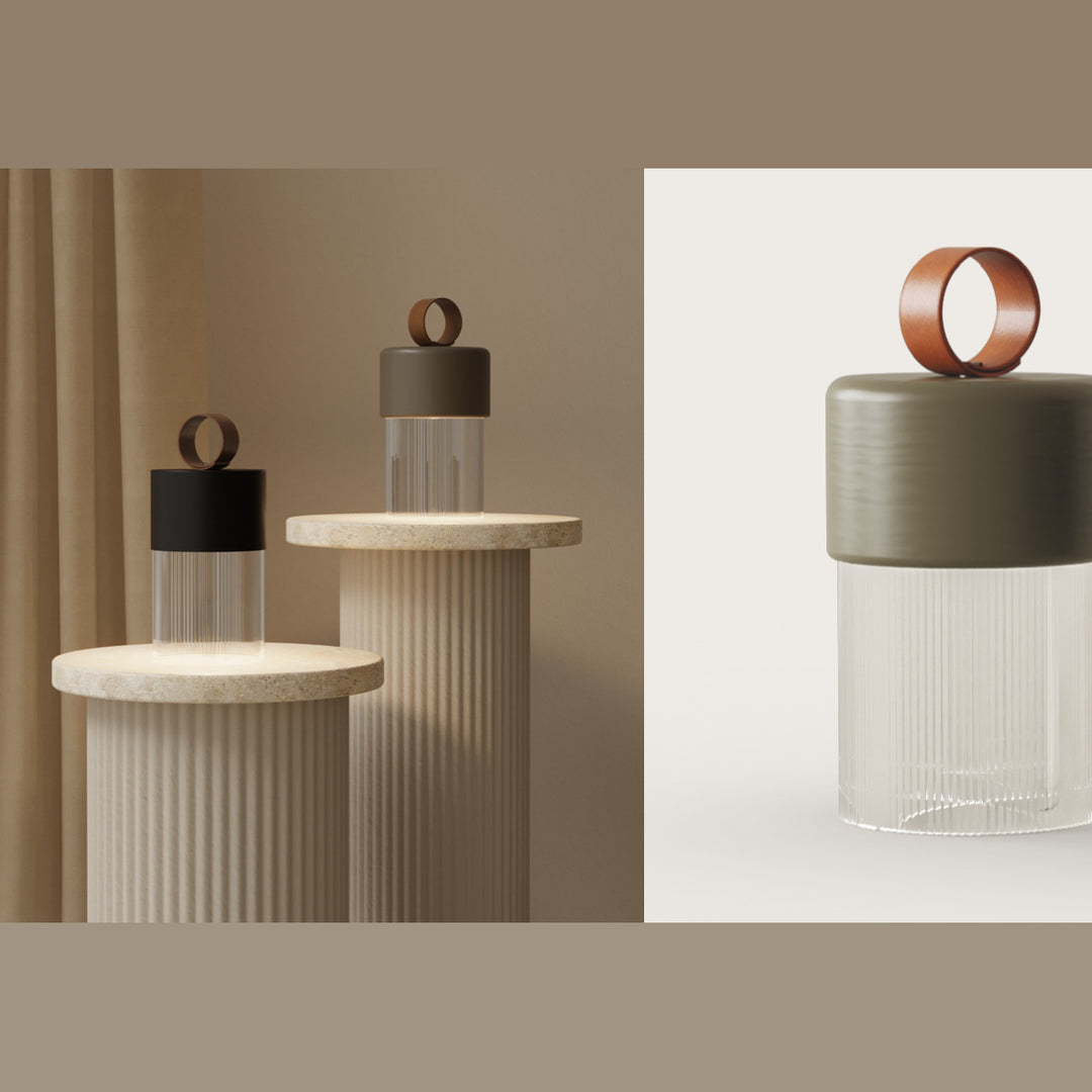Bora C Table Lamps on travertine plinths, with a close-up in olive ceramic and a tan handle