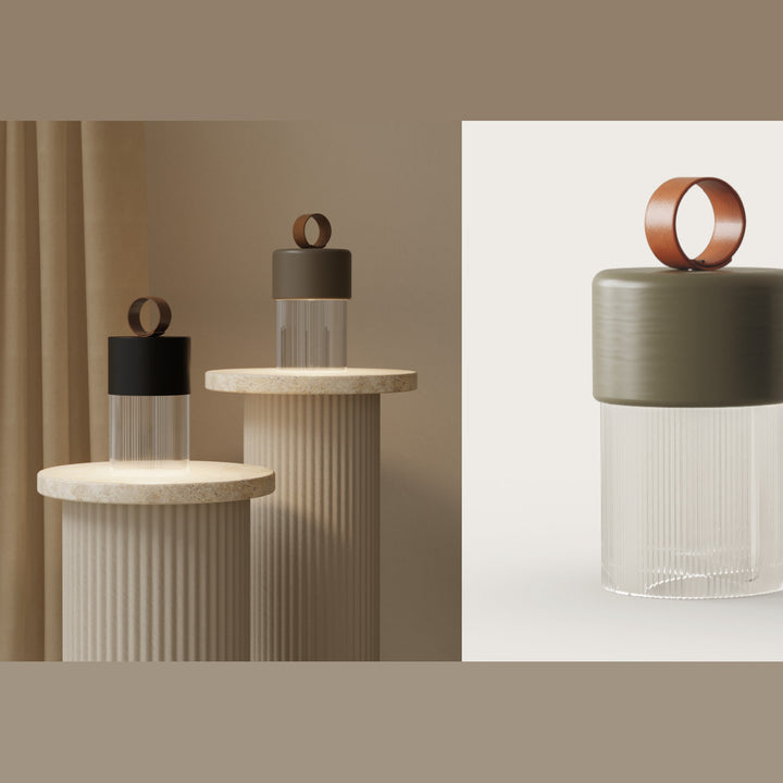 Bora C Table Lamps on travertine plinths, with a close-up in olive ceramic and a tan handle