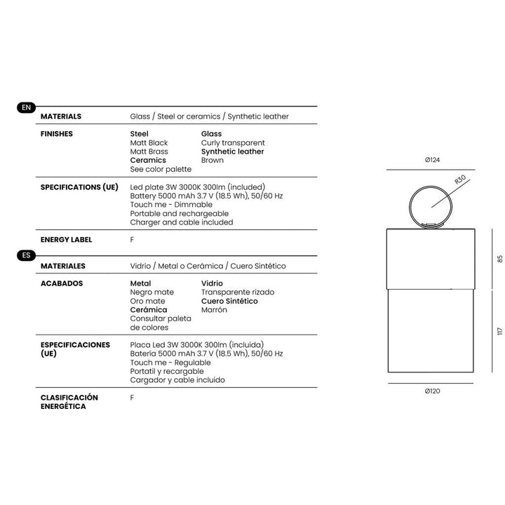 Bora C Table Lamp dimensions and technical details