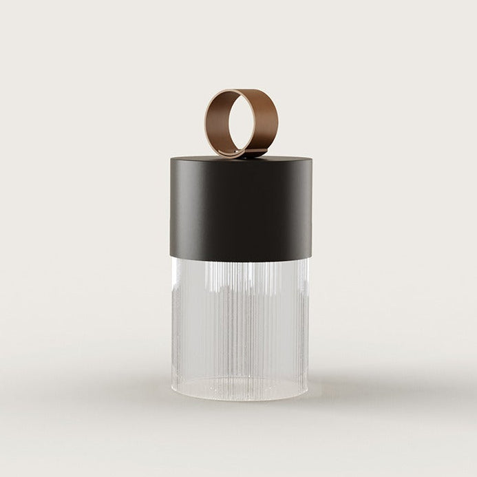 Bora C Table Lamp, portable lamp with black top, leather loop handle and ribbed clear glass, by Aromas del Campo