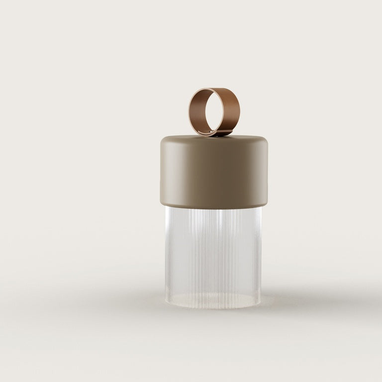 Bora C Table Lamp in taupe ceramic with a brown leather loop and ribbed glass base