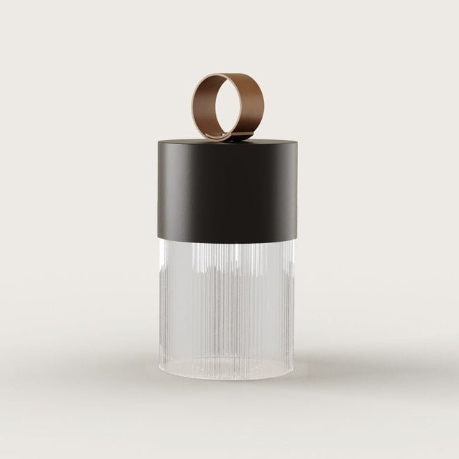 Bora M Table Lamp in Matt Black, close view of the leather loop and ribbed glass