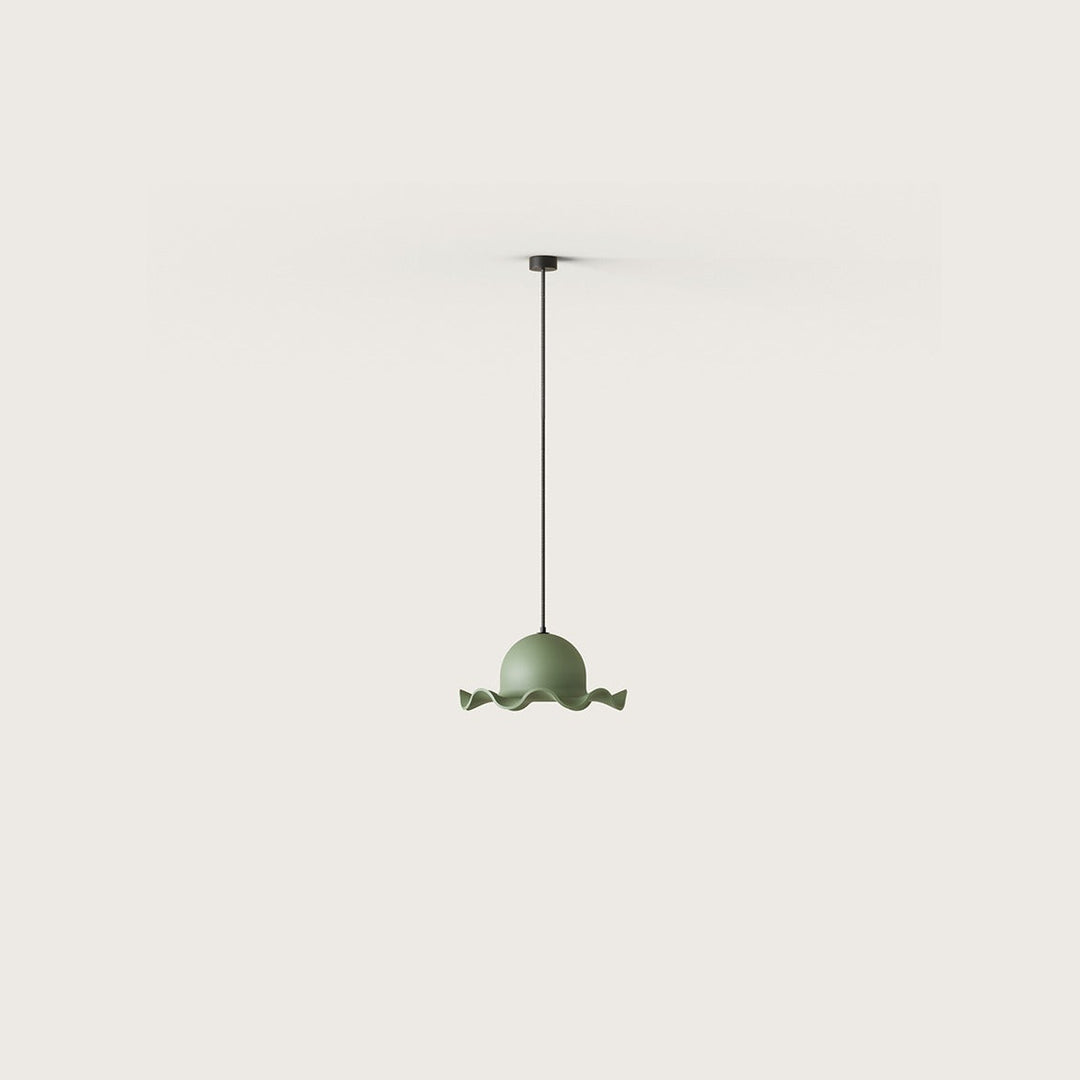 Chapéu Pendant Lamp, a sage green ceramic dome with a wavy brim on a black cord, by Aromas del Campo