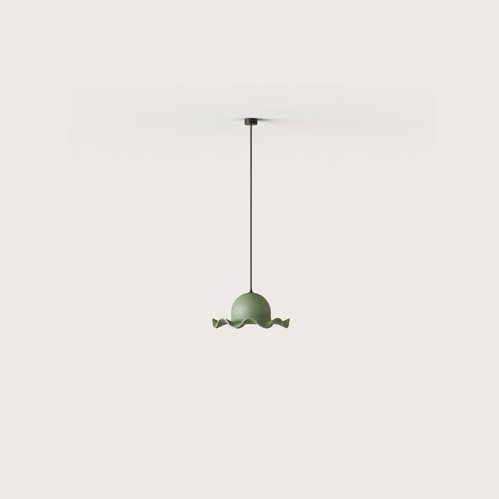 Chapéu Pendant Lamp, a sage green ceramic dome with a wavy brim on a black cord, by Aromas del Campo