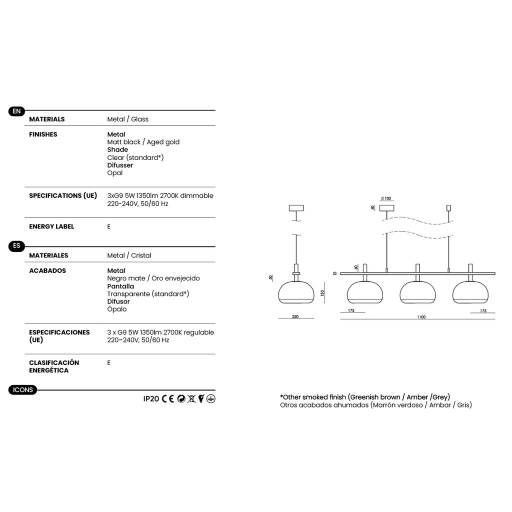 Cloud Big Linear Pendant dimensions and technical details