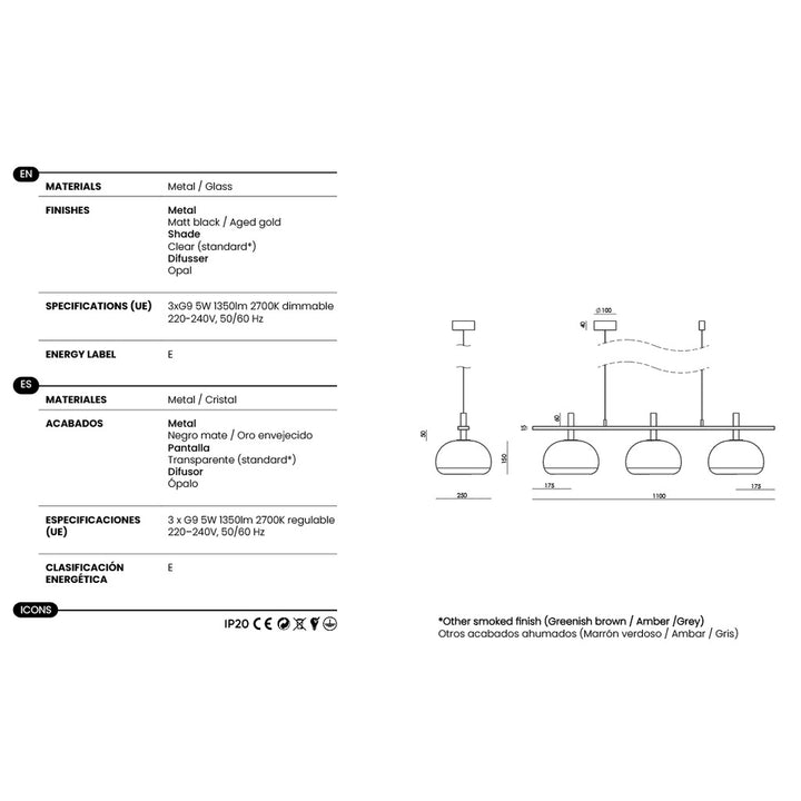 Cloud Big Linear Pendant dimensions and technical details