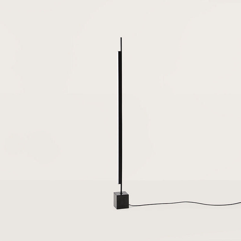 Coln Floor Lamp, slim matt black vertical LED bar on a black marble cube base, unlit, by Aromas del Campo