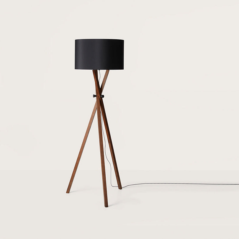 Cot Floor Lamp with walnut wood tripod legs and black drum shade, unlit, by Aromas del Campo