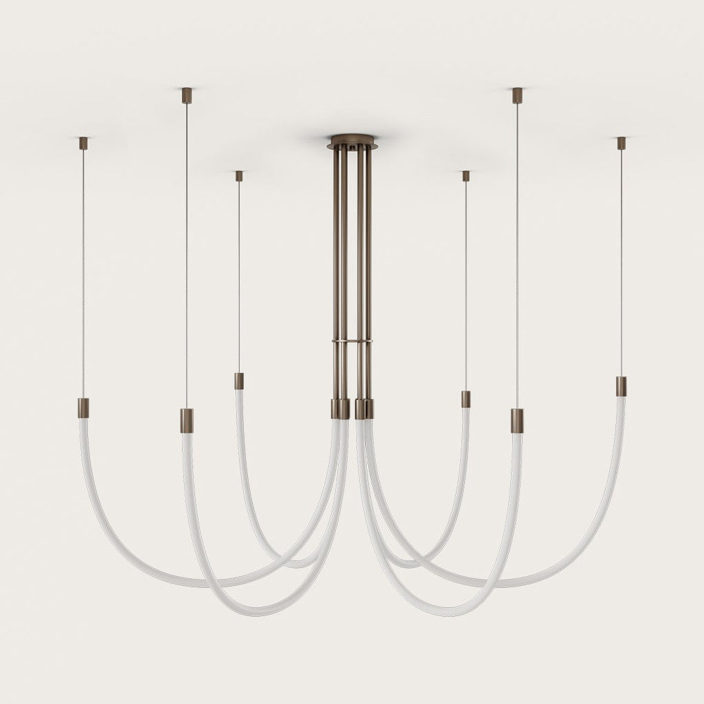 Cram Chandelier Chandelier, six curved opal silicone tubes on dark bronze-toned rods, unlit, by Aromas del Campo