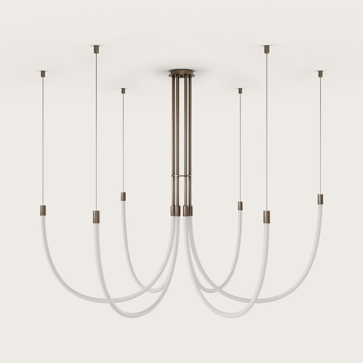 Cram Chandelier Chandelier, six curved opal silicone tubes on dark bronze-toned rods, unlit, by Aromas del Campo