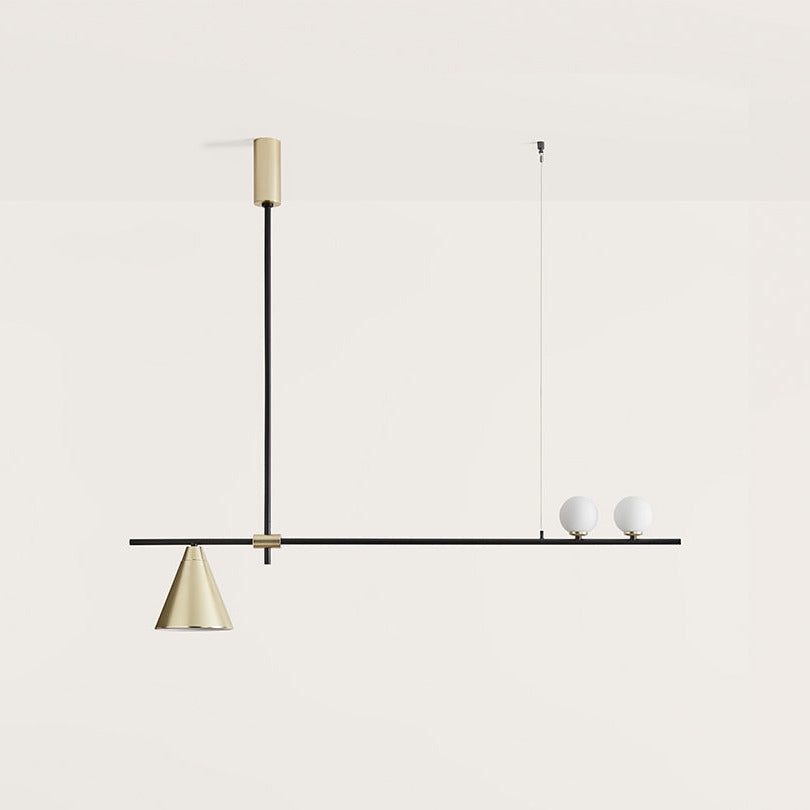 Crane Linear Pendant with black arm, brass cone shade and two opal glass globes, unlit, by Aromas del Campo