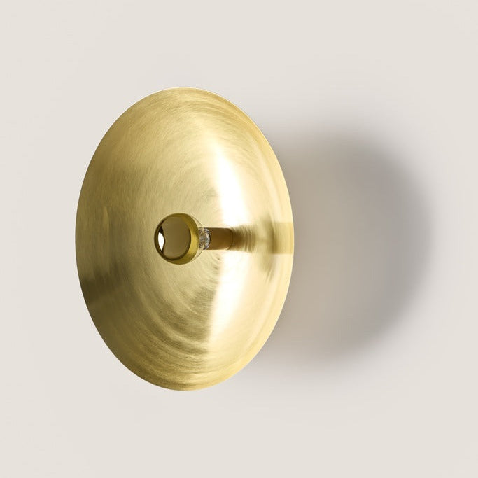 Cropi Wall Lamp, Large (Ø22 in), in Aged Gold, brushed dish shade around a gold-capped bulb, side view