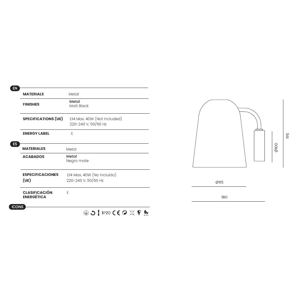 Dobi Wall Lamp dimensions and technical details