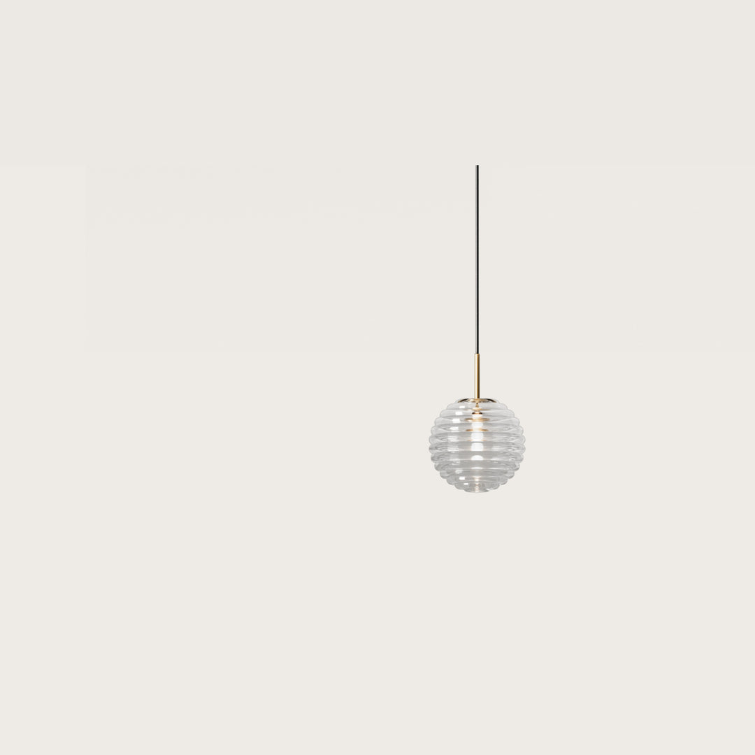 Doul Pendant Lamp with small ribbed clear glass globe on a slim gold stem by Aromas del Campo