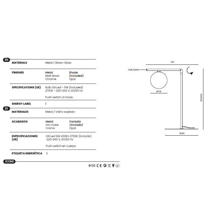 Endo Table Lamp dimensions and technical details