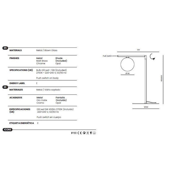 Endo Table Lamp dimensions and technical details