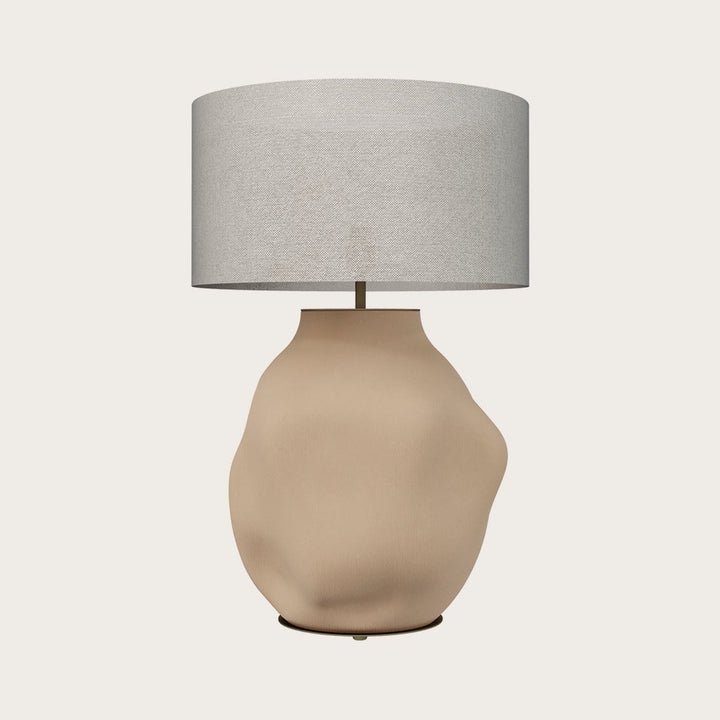 Etho Table Lamp with an organic sand-coloured ceramic base and grey linen drum shade, unlit, by Aromas del Campo