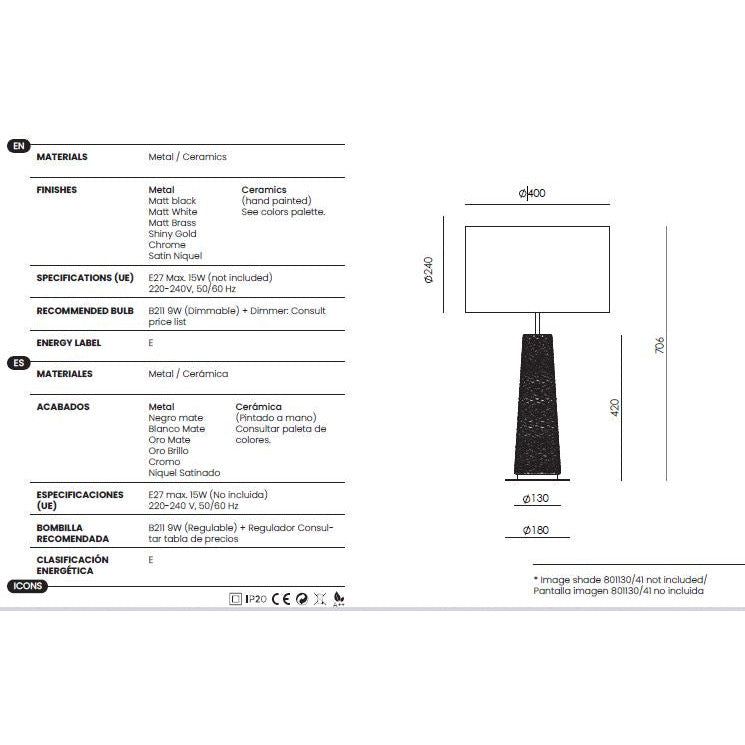 Fill Table Lamp dimensions and technical details