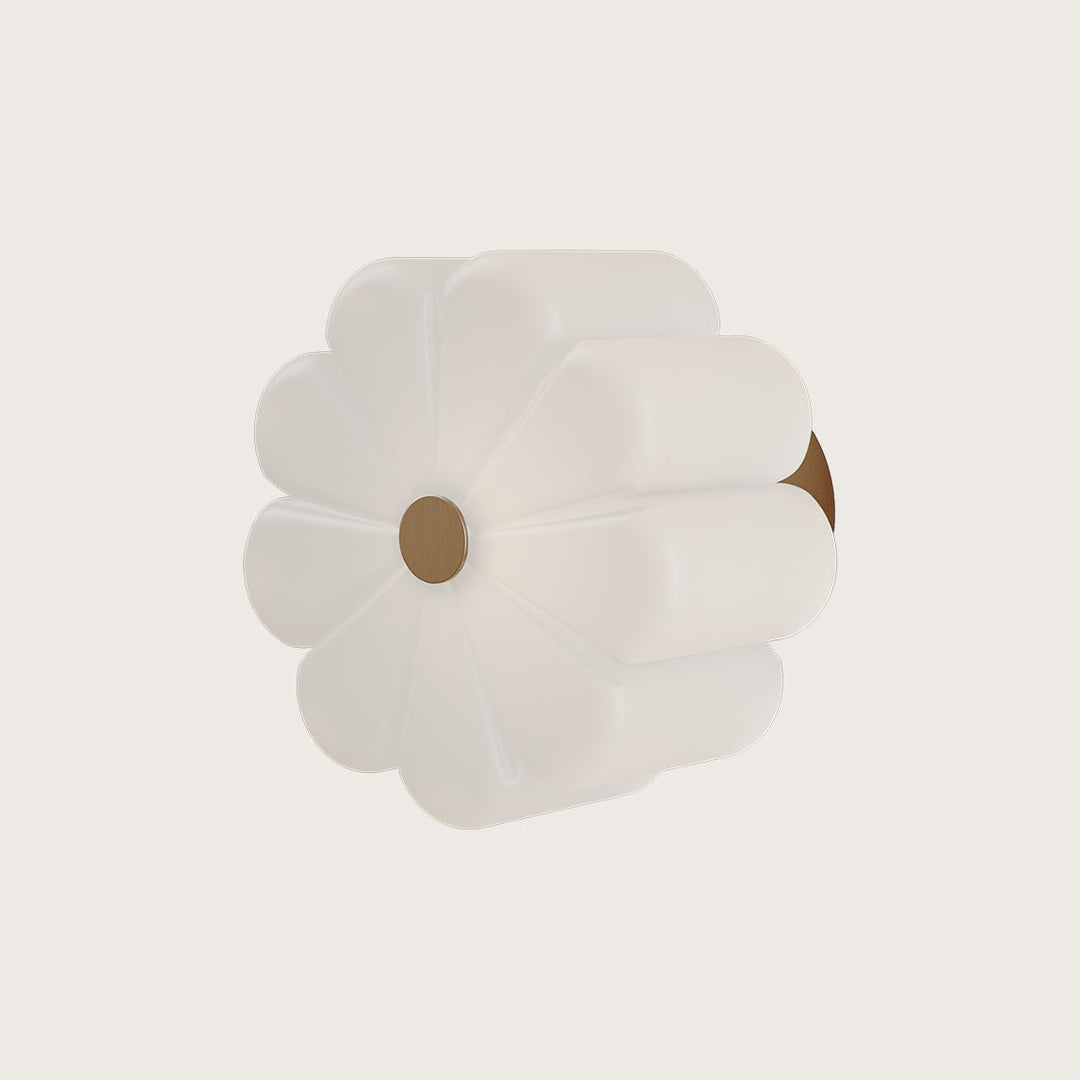 Flow Wall Lamp, opal glass flower-shaped shade with gold-tone centre cap, unlit, by Aromas del Campo