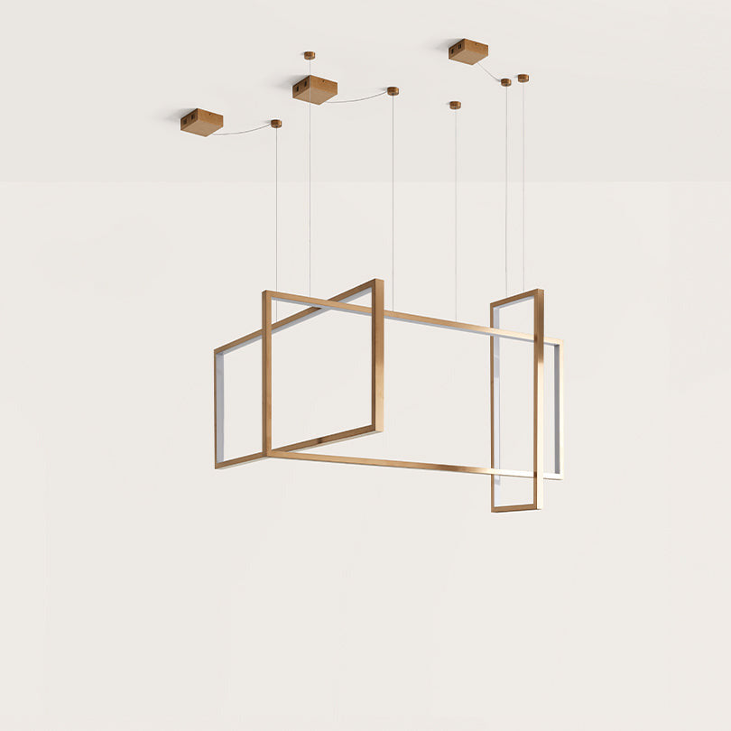 Frame Pendant Lamp, interlocking bronze rectangular LED frames on suspension cables, by Aromas del Campo